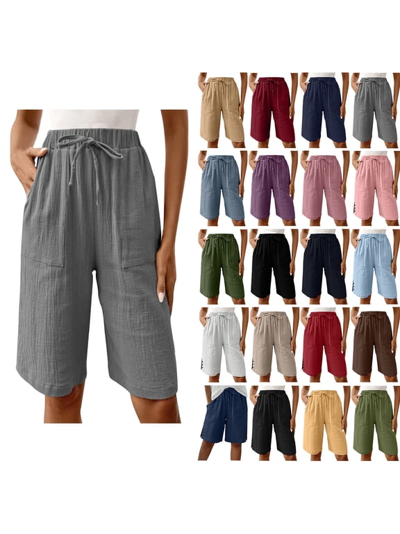 Bermuda Shorts for Women Casual Summer Long Short with Pockets Solid Color High Elastic Waist Drawstring Wide Lag Shorts Beach Vacation Outfits