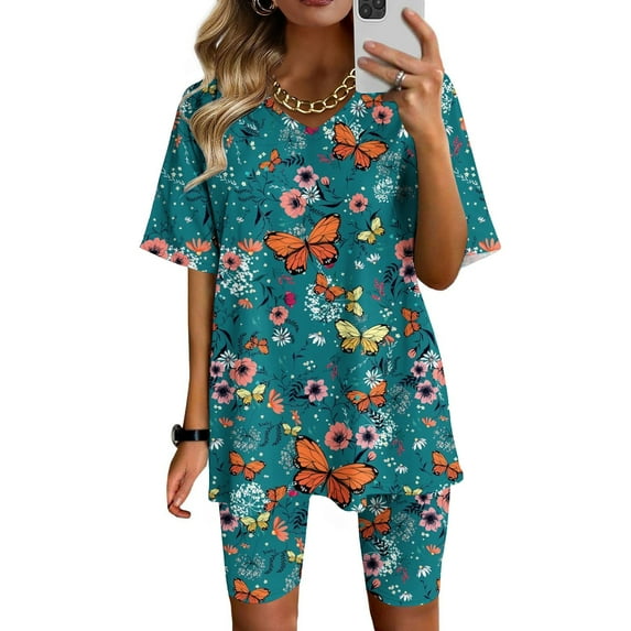 Rciityk Biker Short Sets Women 2 Piece Outfits V-Neck Short Sleeve and Shorts Set Printed T-Shirt Workout Sports Tracksuit - Spring/Summer Savings Clearance