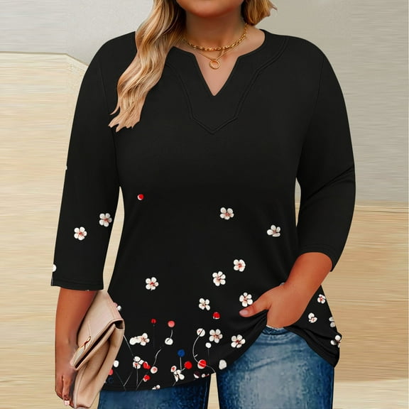Rciityk Black Blouses for Women Casual 3/4 Sleeve V Neck T Shirts Plus Size Floral Print Pullover Tunic Tops Basic Shirts