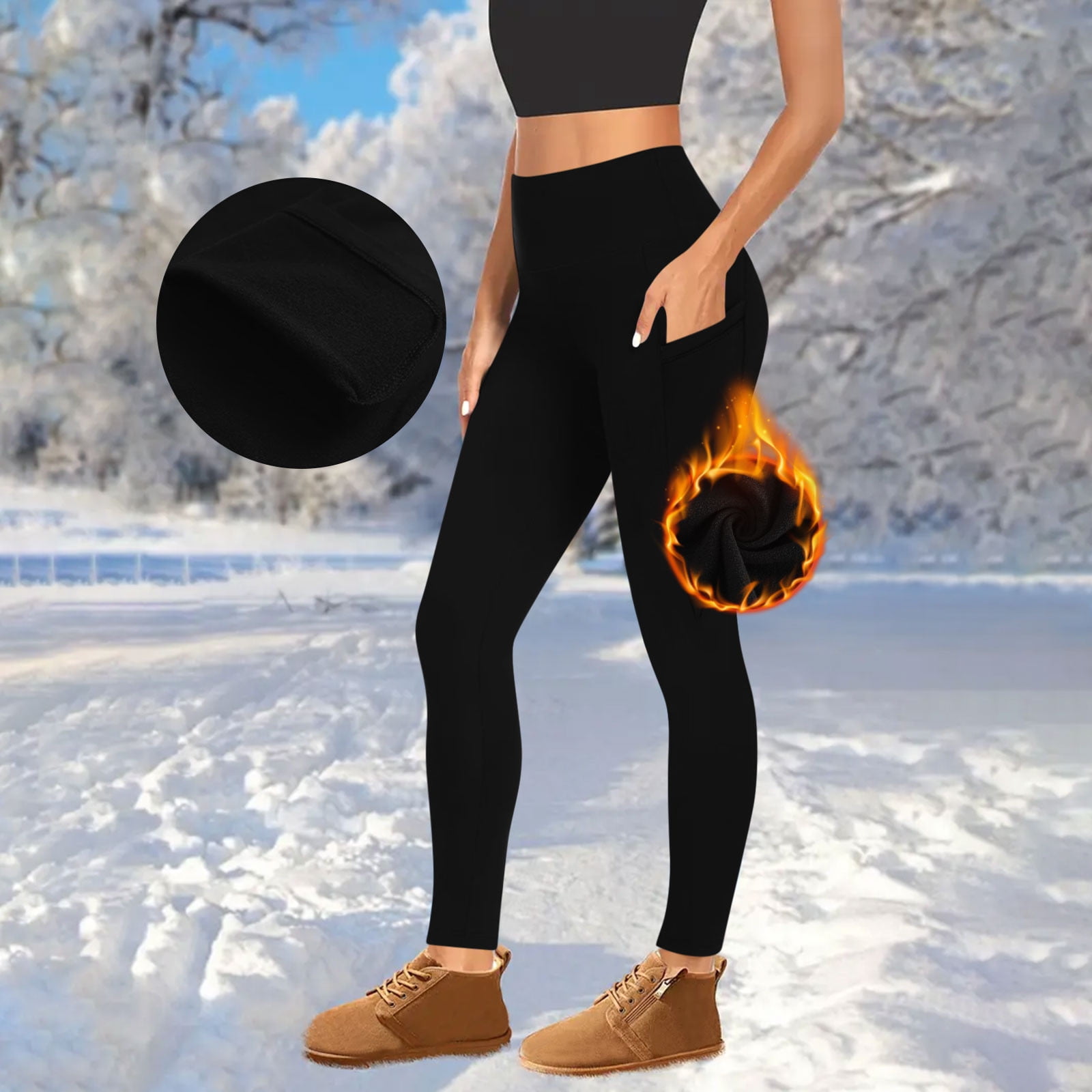 Black Fleece Lined Leggings Women - High Waisted Thermal Warm Yoga Pants Casual Tummys Control Stretchy Workout Thick Tights with Pockets