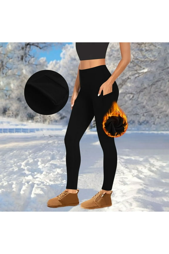 Black Fleece Lined Leggings Women - High Waisted Thermal Warm Yoga Pants Casual Tummys Control Stretchy Workout Thick Tights with Pockets