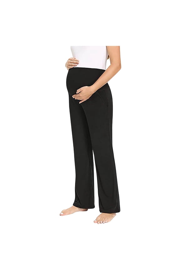Black Maternity Pants for Women Stretch High Waisted Pants Over-Bump Pregnancy Casual Straight Dress Pants with Pockets