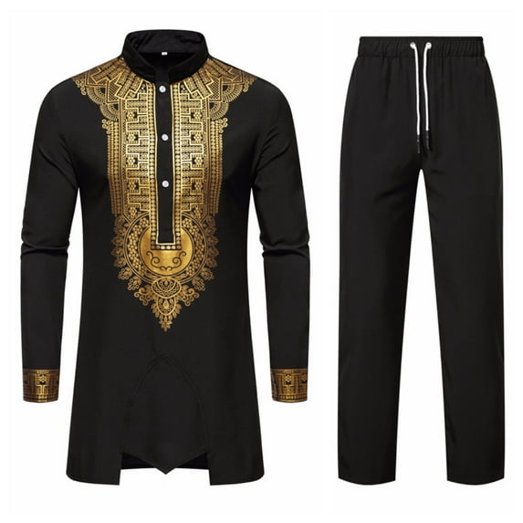 Rciityk Black Men's Africa Suit Long Sleeve Print Dashiki and Pants Outfit Traditional 2 Piece Set
