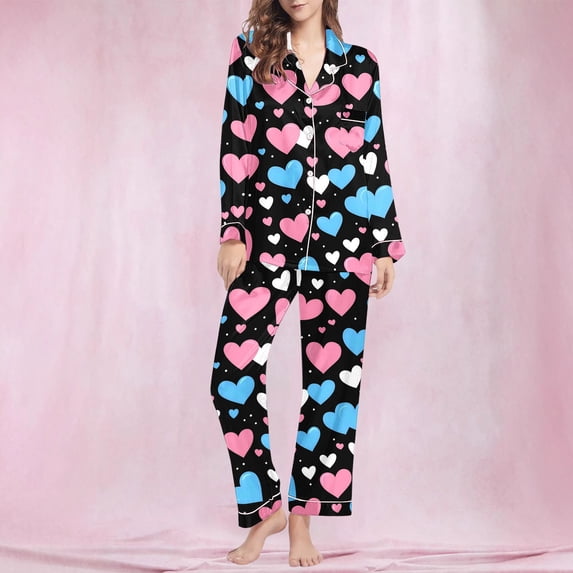 Rciityk Black Valentines Pajamas for Women Ladies Pajamas Sets Casual Long Sleeve Cute Heart Print Button Up Casual Tops with Long Pants Pjs Sets
