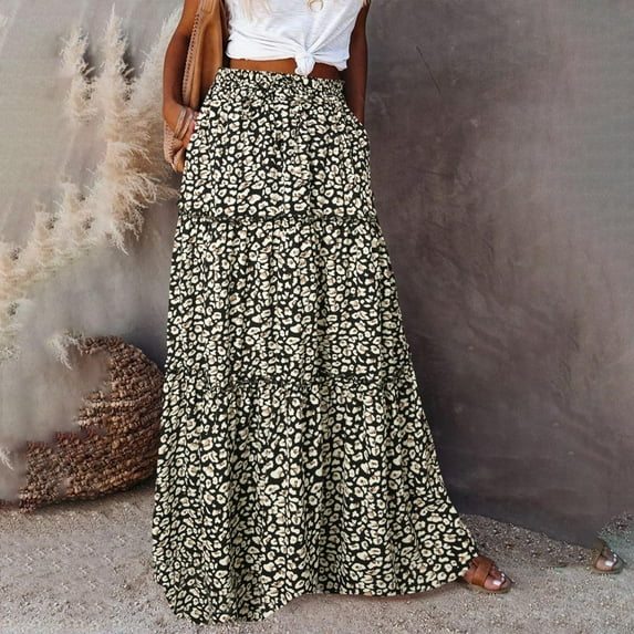 Rciityk Black Women's Boho Vintage Floral Print Elastic High Waist Pleated A Line Maxi Skirt Summer Casual Vacation Beach Long Skirts - Spring/Summer Savings Clearance