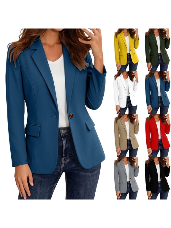 Blazers for Women Business Casual Lapel Single Button Long Sleeve Cardigan Suit Jacket with Pockets - Spring Fall Daily Outerwear Tops