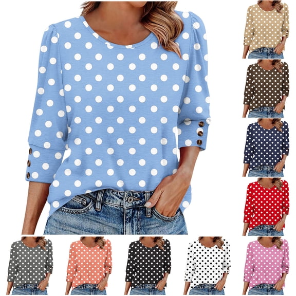 Rciityk Blouses for Women Casual 3/4 Sleeve Tops Summer Polka Dots Printed Crew Neck Button Sleeve T Shirts Summer Fall Clothes Orange M
