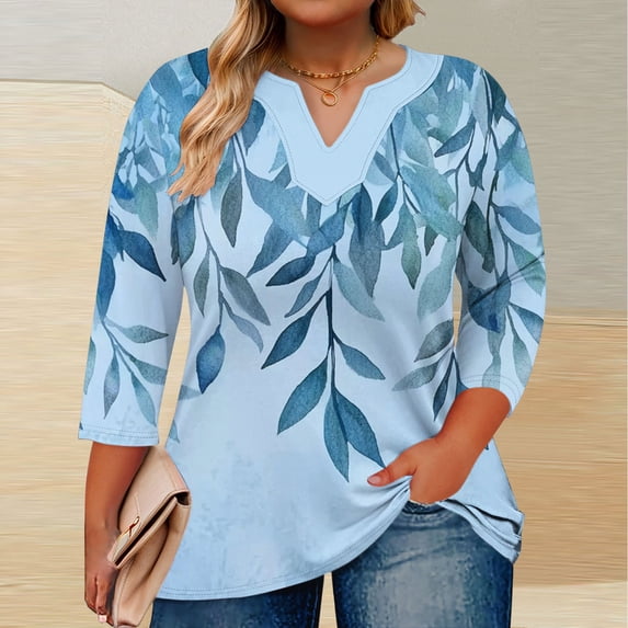 Rciityk Blouses for Women Casual 3/4 Sleeve V Neck T Shirts Plus Size Floral Print Pullover Tunic Tops Basic Shirts