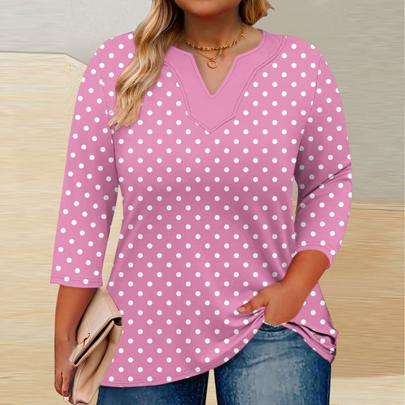 Rciityk Blouses for Women Casual 3/4 Sleeve V Neck T Shirts Plus Size Polka Dots Printed Pullover Tunic Tops Basic Shirts