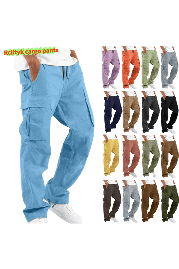 Blue Hiking Pants Men Cargo Pants Classic Casual Outdoor Jogger Pants Elastic Waist Drawstring Trousers with Multiple Pockets