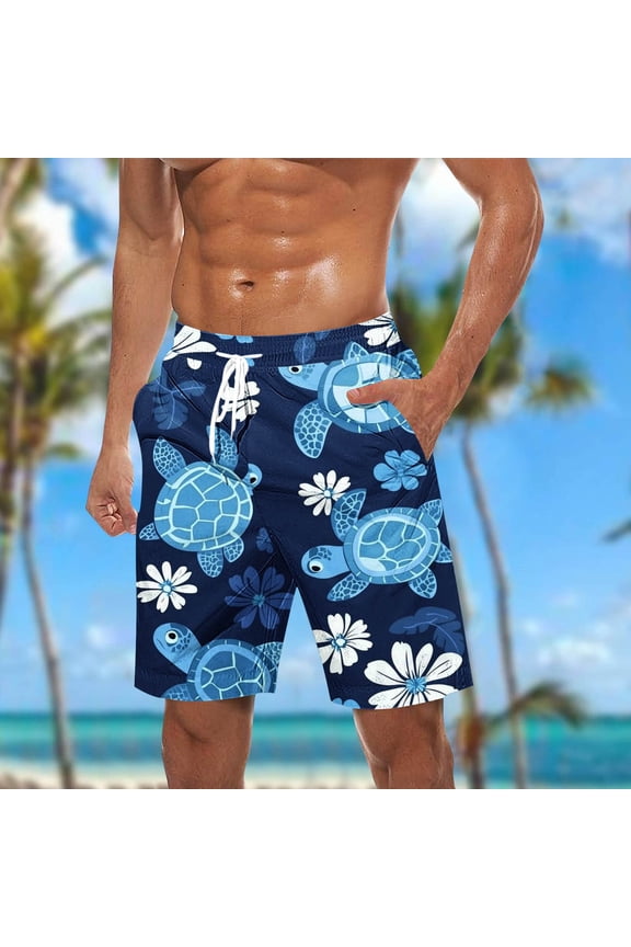 Blue Men's Swim Trunks Hawaiian Bathing Suit Summer Beach Board Shorts Quickly Dry Elastic Waist Drawstring 7 inch Swimwear with Pockets