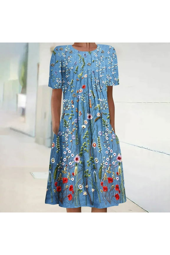 Blue Midi Dresses for Women Casual Loose Printed T-Shirt Swings Dress Summer Flowy Vacation Beach Dress with Pockets