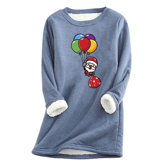 Rciityk Blue Women's Fleece Lined Crewneck Pullover Sweatshirt Winter Warm Loose Christmas Santa Printed Loungewear Tunic Tops Womens Gifts for Christmas - Fall/Winter Savings Clearance