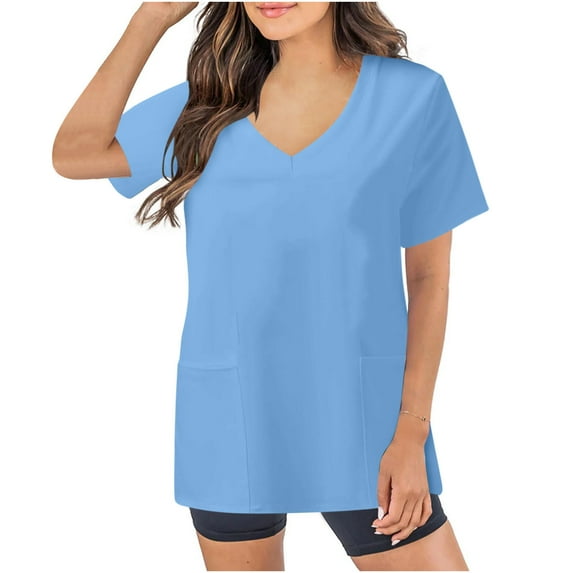 Rciityk Blue Womens Medicals Scrub Tops Solid Nursing Uniform Tops Summer Causal Loose V Neck T Shirts Regular Short Sleeve Scrub Work Tops with Pockets