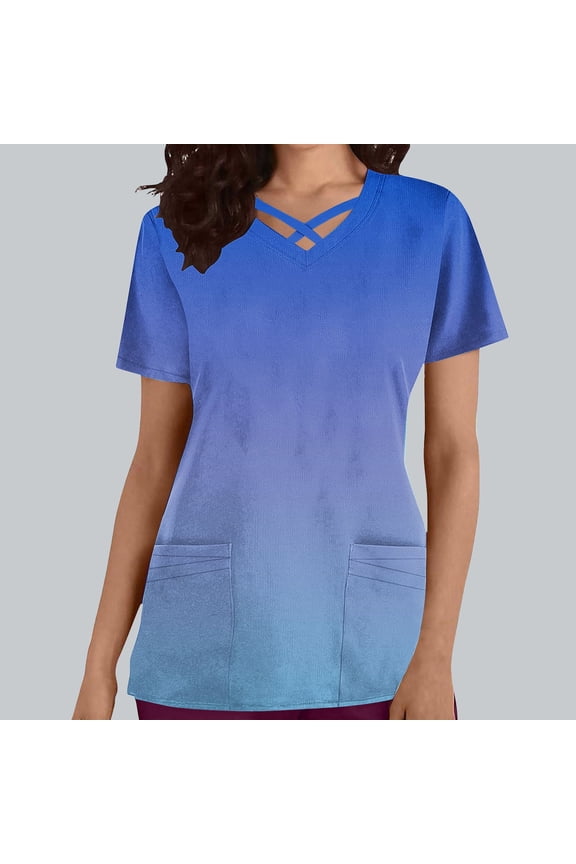 Blue Womens Nursing Scrub Tops Gradient Printed Working Uniform Short Sleeve V Neck Workwear Blouse T-shirt with Pockets