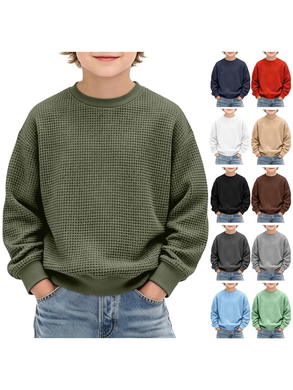 Boys Crew Neck Sweatshirt Solid Color Long Sleeve Pullover Tops, Size 3-14