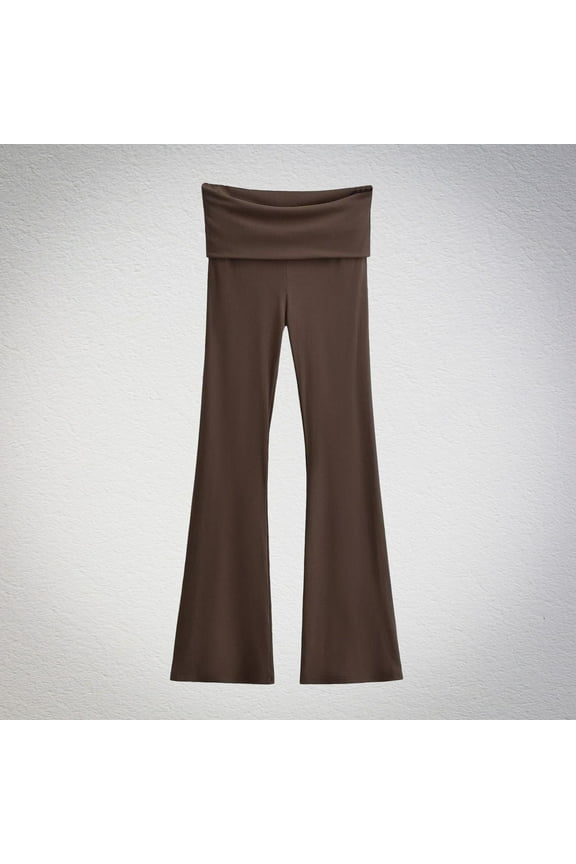 Brown Women's Flare Yoga Pants Lounges Soft Comfy Solid Workout Stretch Bell Bottom Pants Double Layer Flip Waist Sweatpants