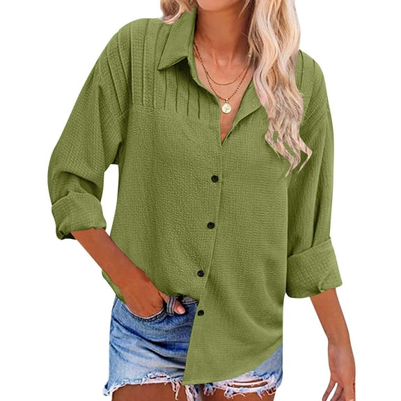 Rciityk Button Up Shirts for Women Casual Pleated Long Sleeve Shirt Textured Loose Collared Blouse Tops