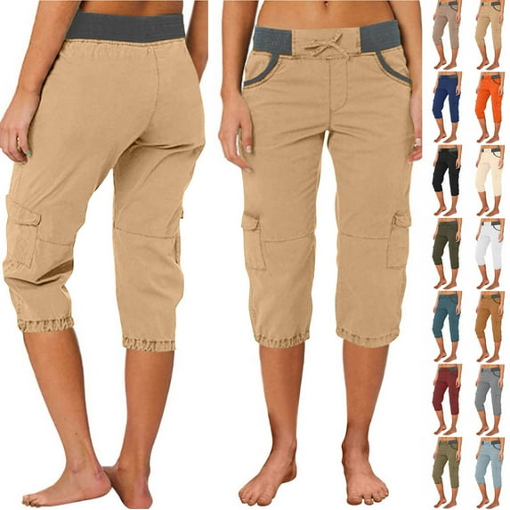 Rciityk Capris Pants for Women Plus Size Summer Cargo Long Shorts Solid Color High Waist Hiking Shorts with Pockets