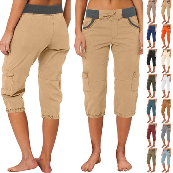 Rciityk Cargo Capris for Women Summer Casual High Waist Cropped Pants Solid Color Drawstring Hiking Long Shorts with Pockets