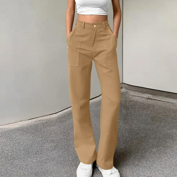 Rciityk Cargo Pants Women Casual High Waisted Wide Leg Pants Solid Color Lightweight Baggy Straight Button Long Pants with Pockets Khaki L