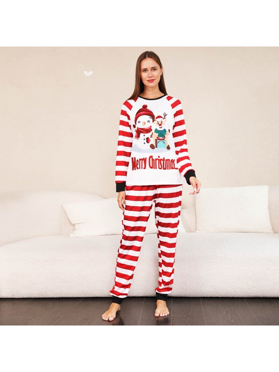 Christmas Pajamas for Women Family Matching Pajamas Sets Womens Casual Christmas Printed Round Neck Long Sleeve Top and Long Pants Loungewear Christmas Gifts