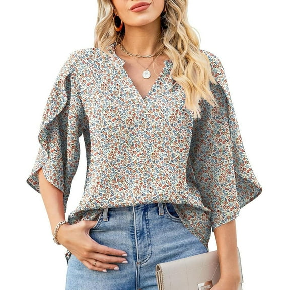 Rciityk Clear Chiffon Blouses for Women Half Sleeve V Neck Work Shirts Casual Loose Printed Spring Fall Tops