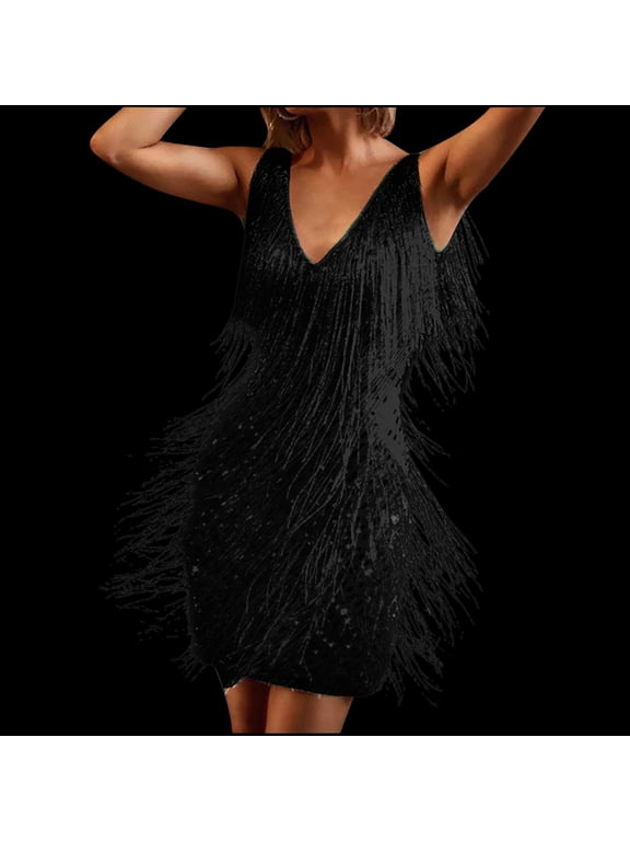 Cocktail Dresses for Women Deep V-Neck All-Over Fringe Spaghetti Straps Dress Sequins Feather Party Prom Dress