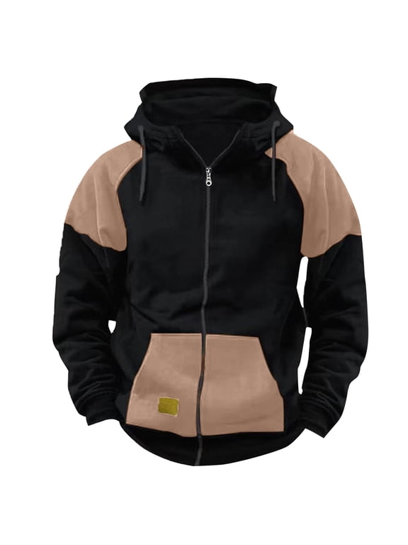Coffee Mens Cargo Full Zip Hoodies Jackets Casual Winter Warm Color Block Fleece Sweatshirts Fashion Long Sleeve Workout Athletic Jackets Outwear with Pocket