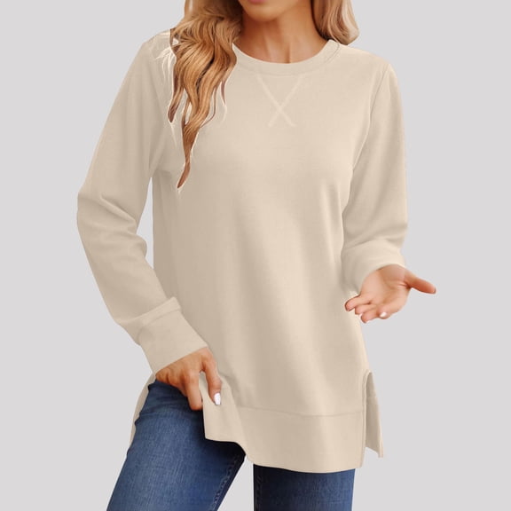 Rciityk Crewneck Sweatshirts for Women Solid Color Long Sleeve Shirts with Side Split Fall Fashion Womens Tops