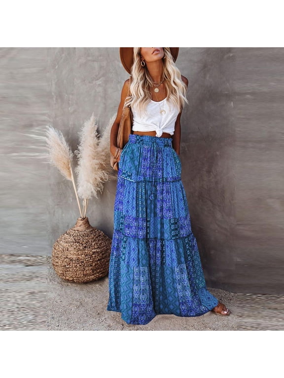 Rciityk Dark Blue Long Skirts for Women Maxi Boho Skirt Print Elastic High Waist Loose A-line Large Hem Skirt Summer Vacation Beach Skirt