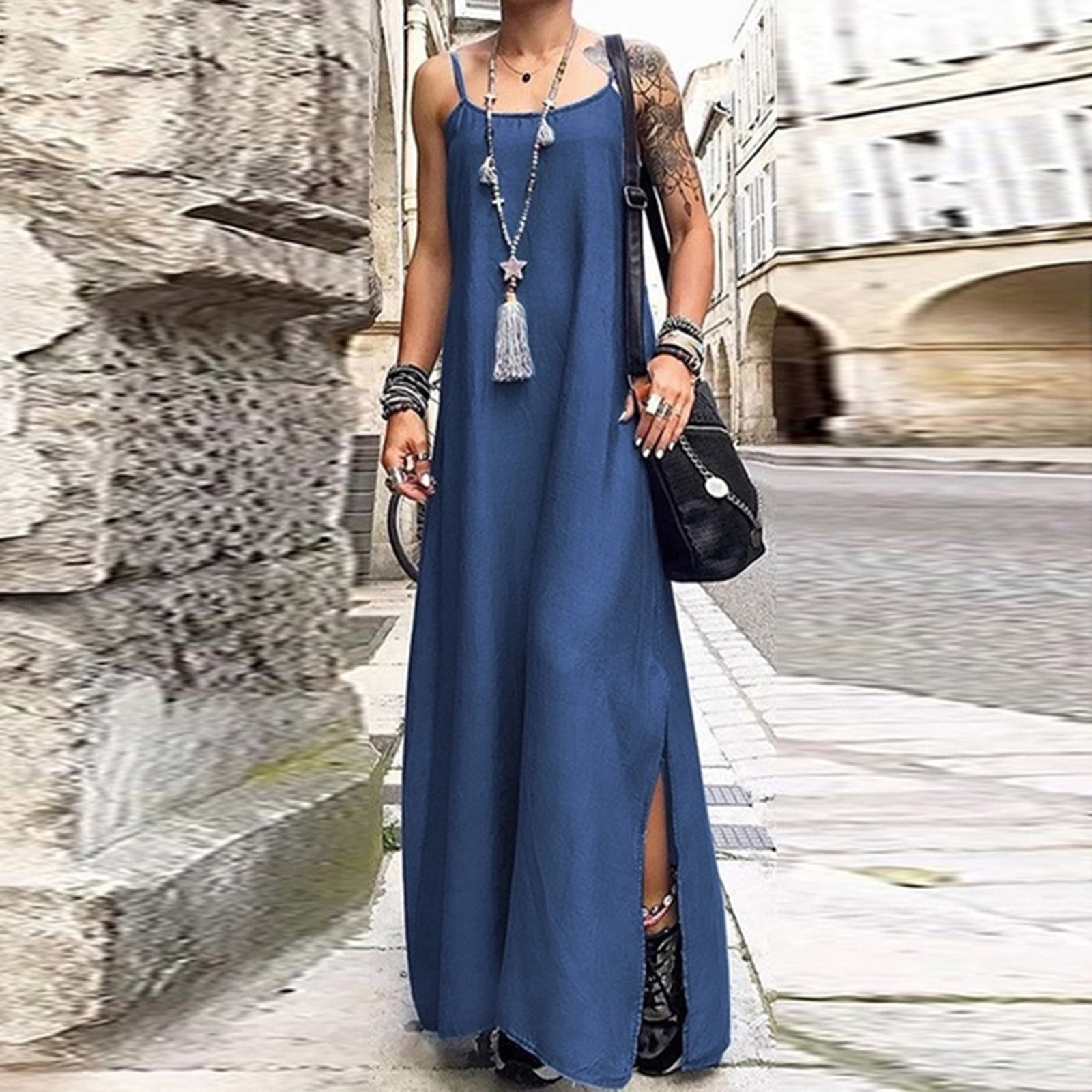 Rciityk Light blue Womens Summer Denim Dresses Spaghetti Strap Maxi Dress Casual Loose Sleeveless Jeans Split Long Dress, Women's, Size: Large Rciityk Light blue Womens Summer Denim Dresses Spaghetti Strap Maxi Dress Casual Loose Sleeveless Jeans Split Long Dress, Women's, Size: Large