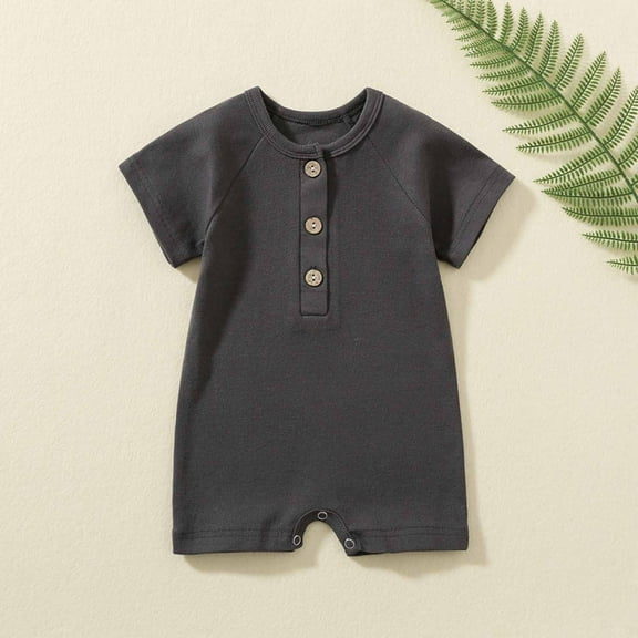 Rciityk Dark Gray Unisex Newborn Romper Baby Boys Girls Short Sleeve Button Jumpsuit Summer Cotton Outfits Solid Color Clothes for 0-3 Months