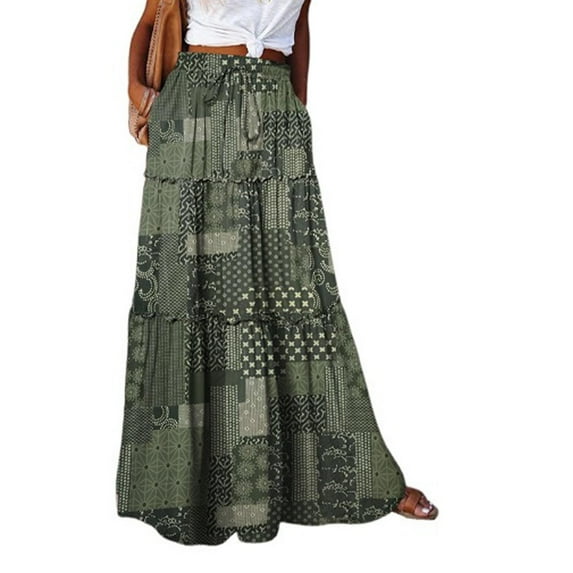 Rciityk Dark Gray Women's Boho Vintage Floral Print Elastic High Waist Pleated A Line Maxi Skirt Summer Casual Vacation Beach Long Skirts - Spring/Summer Savings Clearance
