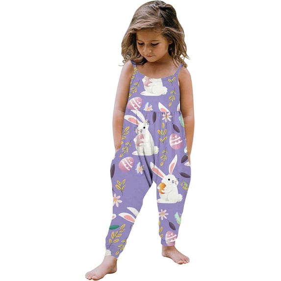Rciityk Easter Toddler Girls Halters Backless Romper Kid Jumpsuit Pants Ones Piece Bunny Eggs Printing Sleeveless Strap Playsuit with Pocket - 4-5 Year