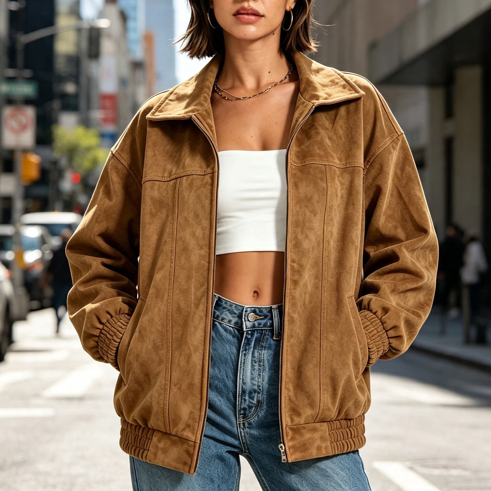 Rciityk Fall Jackets for Women 2026 Casual Lapel Full Zip Faux Suede ...