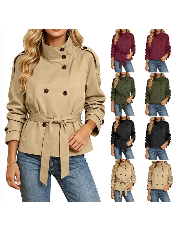 Fall Jackets for Women Fashion Belted Short Trench Coat Vintage Stand Collar Double Breasted Long Sleeve Windbreaker Jackets with Pockets
