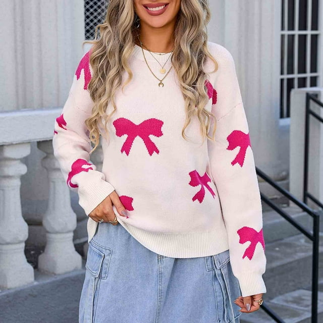 Rciityk Fall Sweaters for Women Casual Long Sleeve Crew Neck Loose Bow Tie Print Knit Pullover Top - Fall Savings Clearance