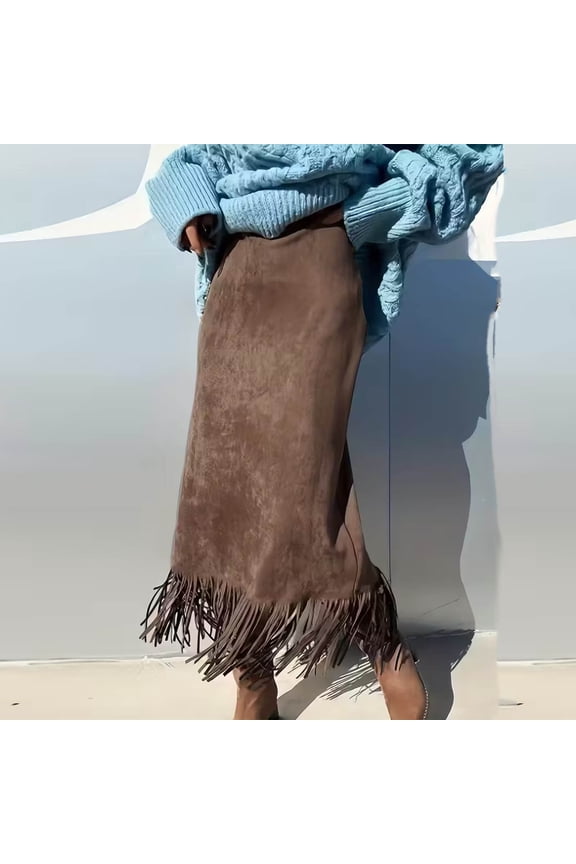Fall Winter Skirts for Women Casual High Waist Faux Suedes Fringe Hem Solid Boho Midi Skirt Daily Holiday