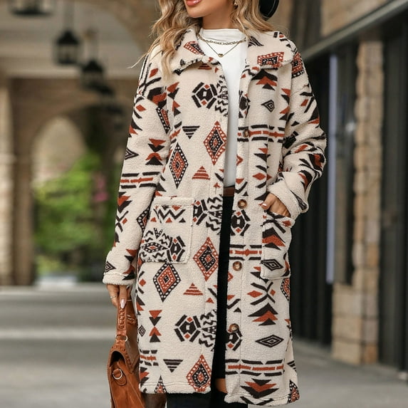 Rciityk Fleece Winter Coats for Women Casual Fashion Vintage Printed Single Breasted Lapel Long Jackets Warm Long Sleeve Trench Outwear with Pockets