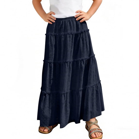Rciityk Girls' Summer Maxi Skirt Solid Color Elastic High Waist Ruffle Hem A-Line Long Skirt for Teen Girl 4-15 Years Beach Vacation Clothes