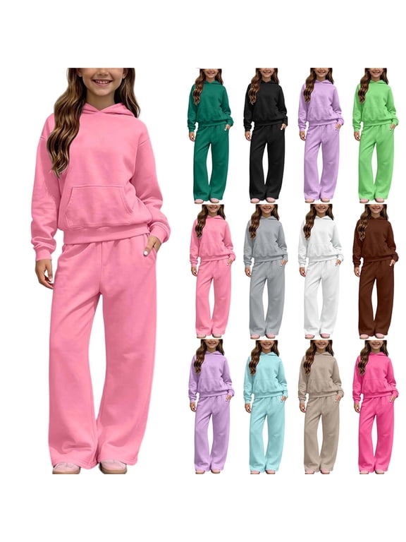 Girls Sweatsuit Solid Color Fleece Lined Long Sleeve Hoodies and Elastic High Waist Wide Leg Sweatpants Tracksuit, Size 5-14Y