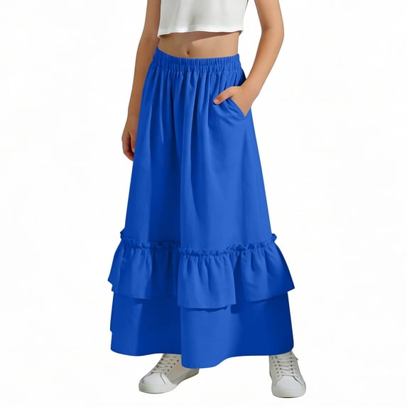 Rciityk Girls' Teen High Waisted Ruffle Maxi Skirt Summer Boho Flowy Long Skirt A-Line Ankle-Length Casual Skirt for 4-15 Years, with Pockets