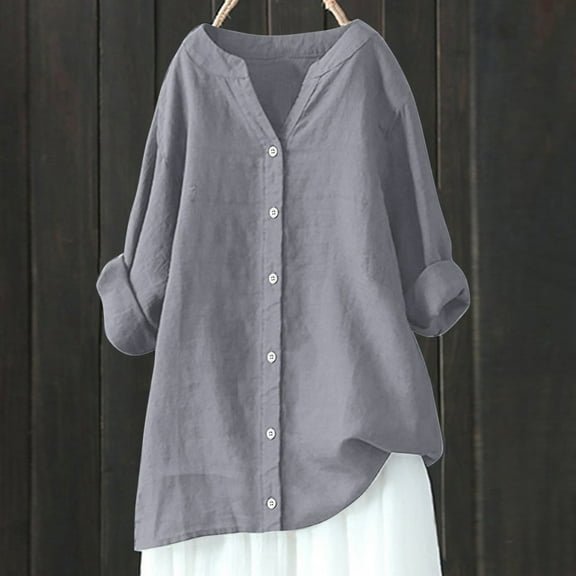 Rciityk Gray Linen Shirts for Women Long Sleeve Button Up Shirts Summer Casual V Neck Tunic Tops Spring Fall Vacation Clothes