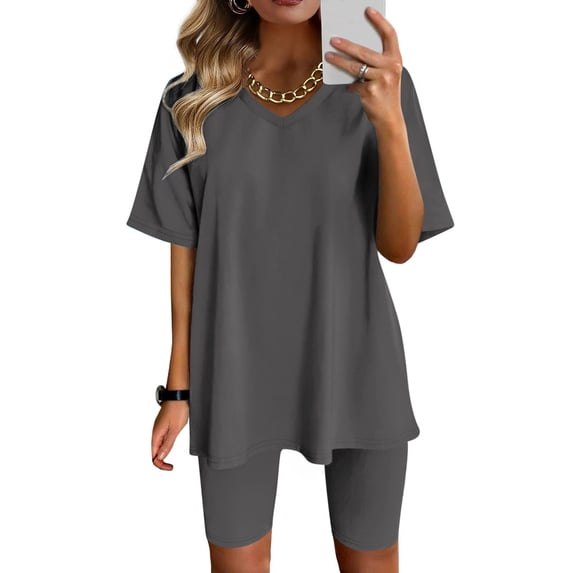 Rciityk Gray Women's 2 Piece Casual Short Sets Sports Solid Color Workout Sports Tracksuit Short Sleeve and Shorts Set Sweatshirt