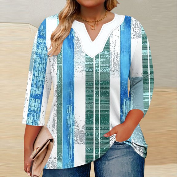 Rciityk Green Blouses for Women Casual 3/4 Sleeve V Neck T Shirts Plus Size Floral Print Pullover Tunic Tops Basic Shirts