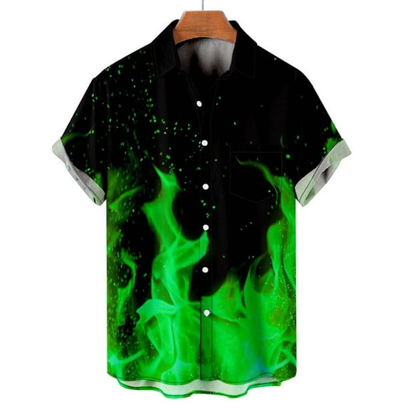 Rciityk Green Men's Novelty Short Sleeve Button Shirts Magics Flame Pattern Summer Hawaiian Shirt Casual Loose Tops with Pockets