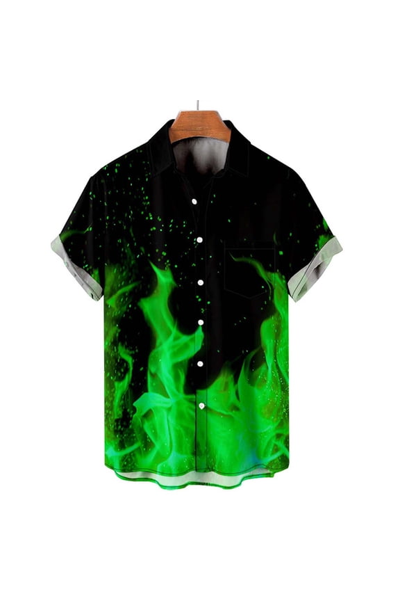 Green Men's Novelty Short Sleeve Button Shirts Magics Flame Pattern Summer Hawaiian Shirt Casual Loose Tops with Pockets