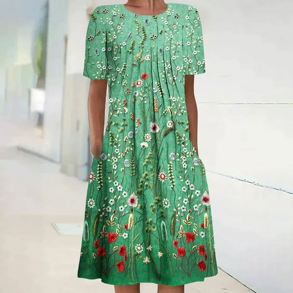 Rciityk Green Midi Dresses for Women Casual Loose Printed T-Shirt Swings Dress Summer Flowy Vacation Beach Dress with Pockets