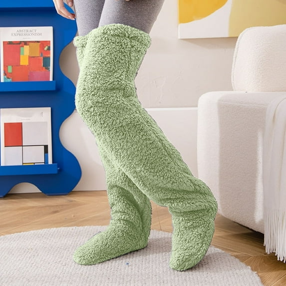 Rciityk Green Women Knee High Fuzzy Socks Winter Leg Plush Warm Thick Floor Socks Solid Over Knee Long Tube Socks Home Sleeping Socks
